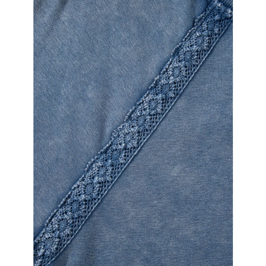 Lace Patchwork Detail Notched Neck Mineral Wash Baggy Sweatshirt Apparel and Accessories