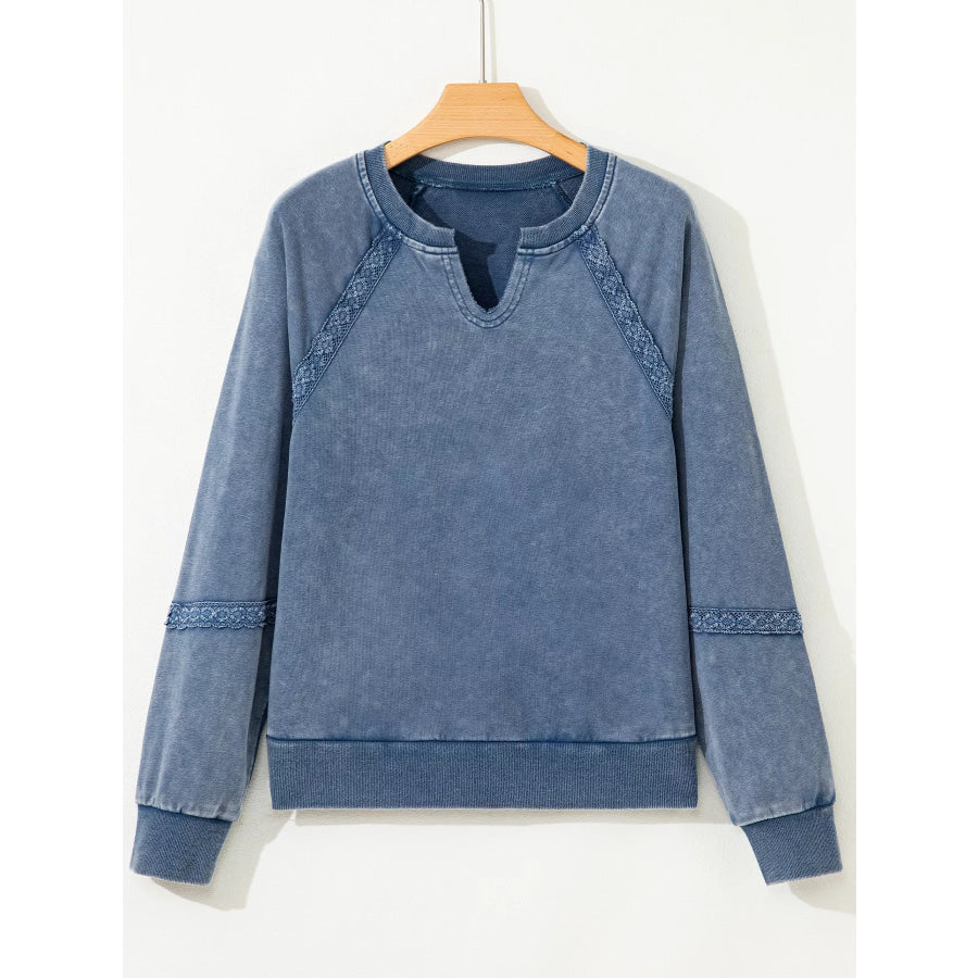 Lace Patchwork Detail Notched Neck Mineral Wash Baggy Sweatshirt Apparel and Accessories
