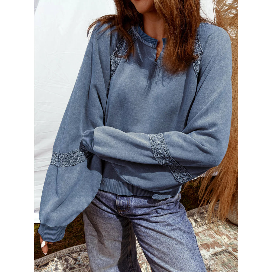 Lace Patchwork Detail Notched Neck Mineral Wash Baggy Sweatshirt Dusty Blue / S Apparel and Accessories