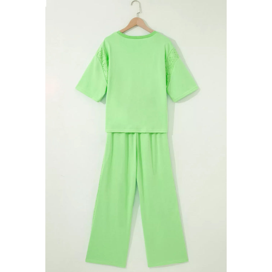 Lace Patchwork Half Sleeve Top Elastic Waist Pants Two Piece Set Apparel and Accessories