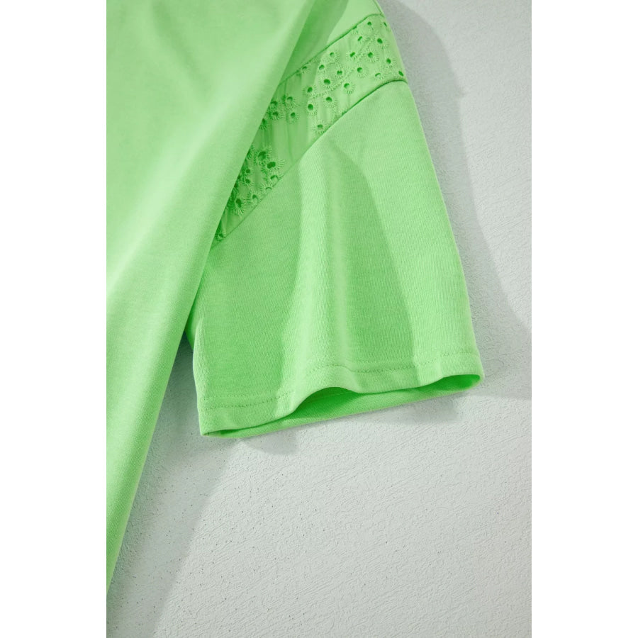 Lace Patchwork Half Sleeve Top Elastic Waist Pants Two Piece Set Apparel and Accessories