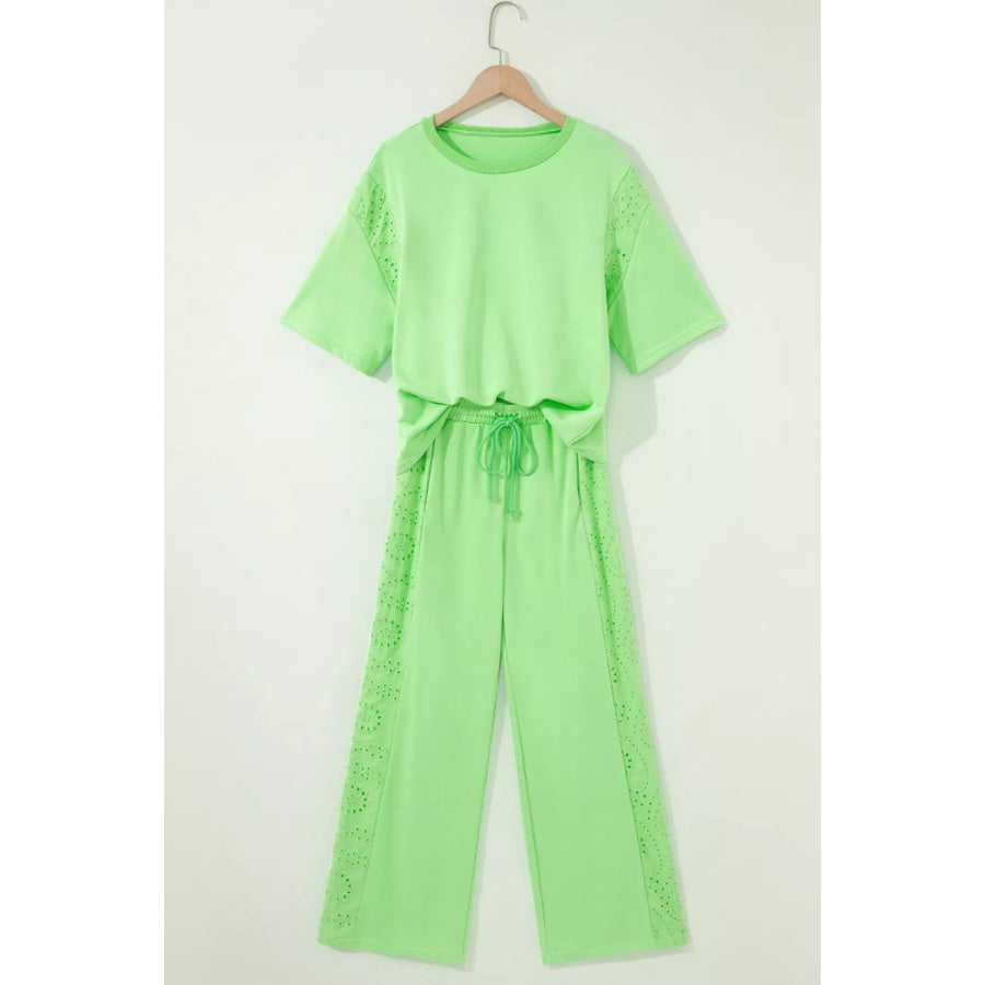 Lace Patchwork Half Sleeve Top Elastic Waist Pants Two Piece Set Apparel and Accessories