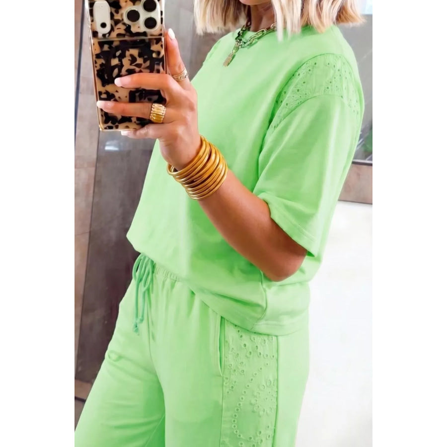 Lace Patchwork Half Sleeve Top Elastic Waist Pants Two Piece Set Apparel and Accessories