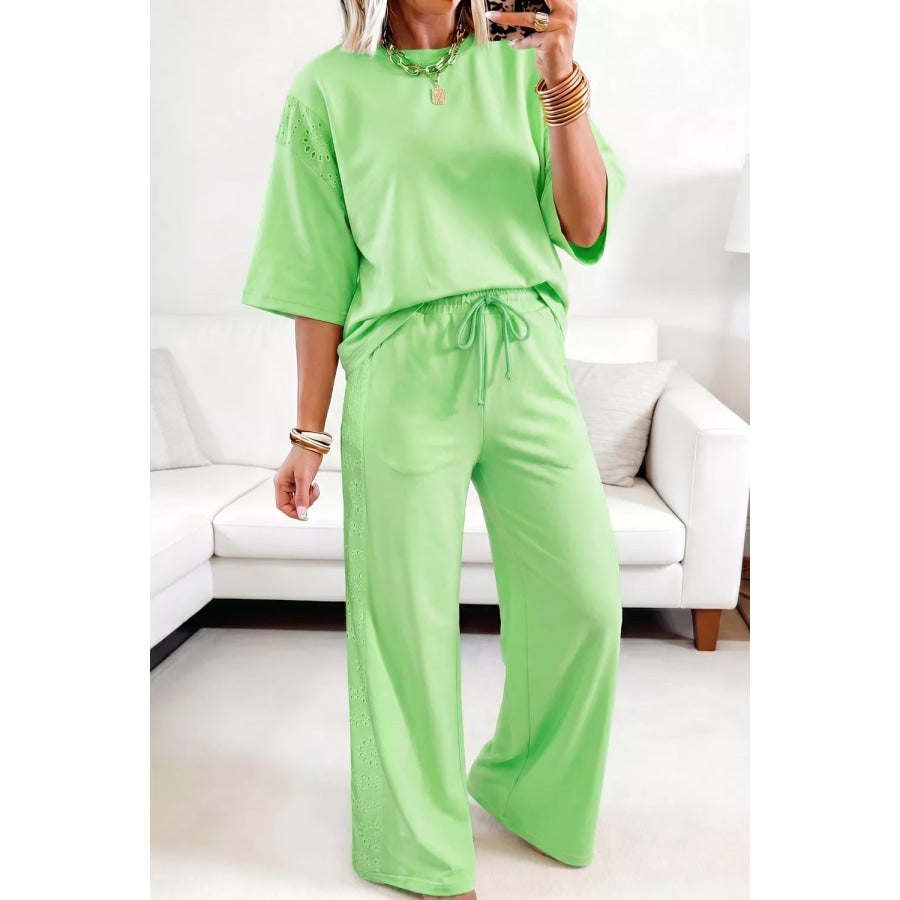 Lace Patchwork Half Sleeve Top Elastic Waist Pants Two Piece Set Neon Green / S Apparel and Accessories