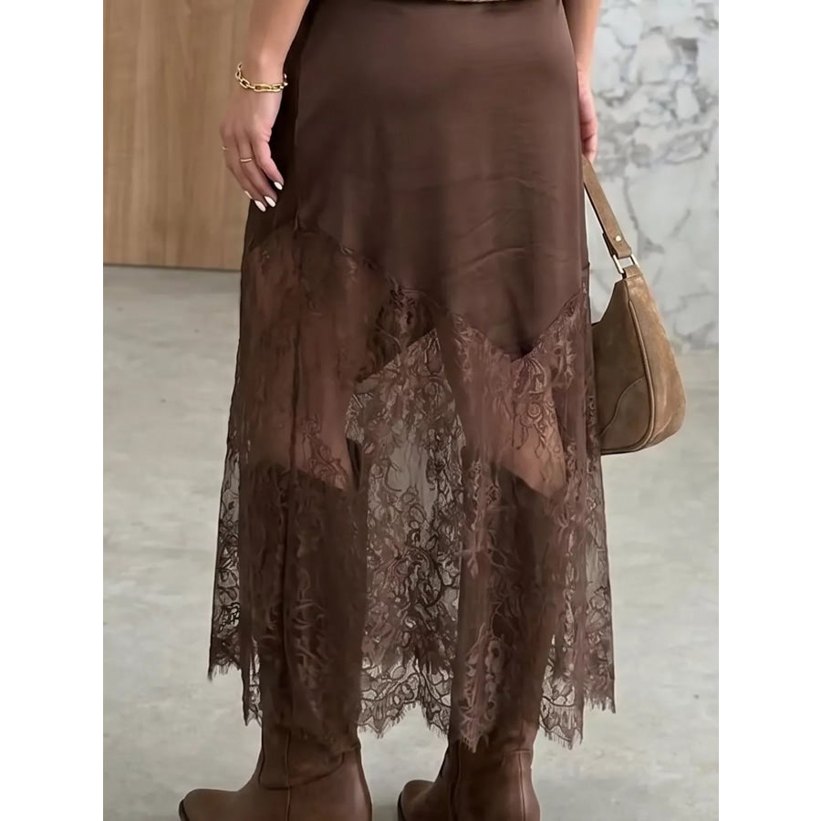 Lace Patchwork Hem Long Casual Shift Skirt Dark Brown / S Apparel and Accessories