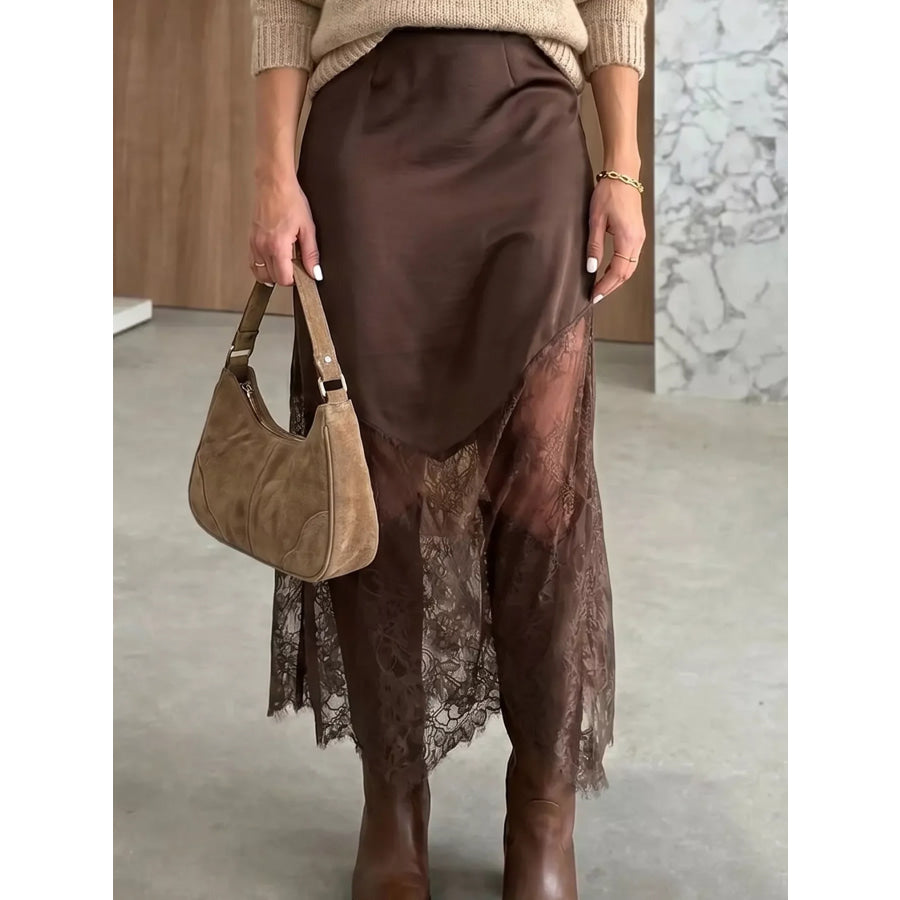 Lace Patchwork Hem Long Casual Shift Skirt Dark Brown / S Apparel and Accessories