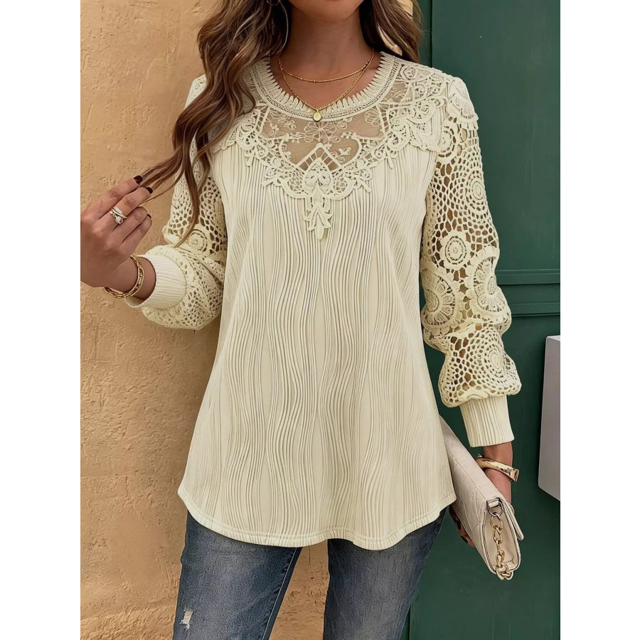 Lace Patchwork Long Sleeve Blouse Beige / S Apparel and Accessories