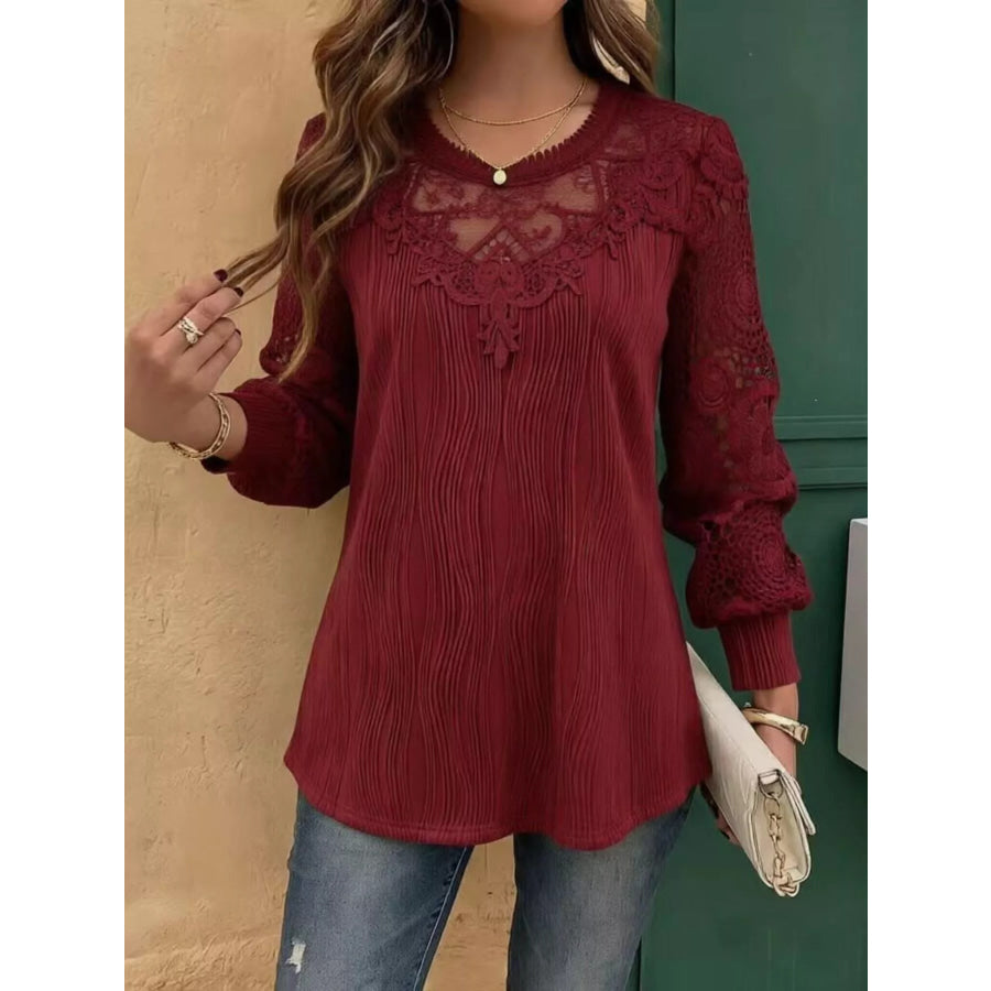 Lace Patchwork Long Sleeve Blouse Burgundy / S Apparel and Accessories