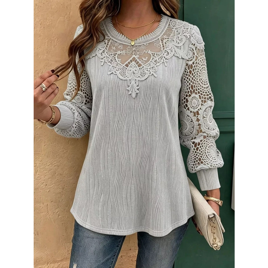 Lace Patchwork Long Sleeve Blouse Gray / S Apparel and Accessories