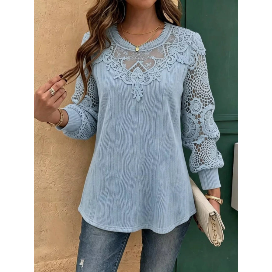 Lace Patchwork Long Sleeve Blouse Light Blue / S Apparel and Accessories