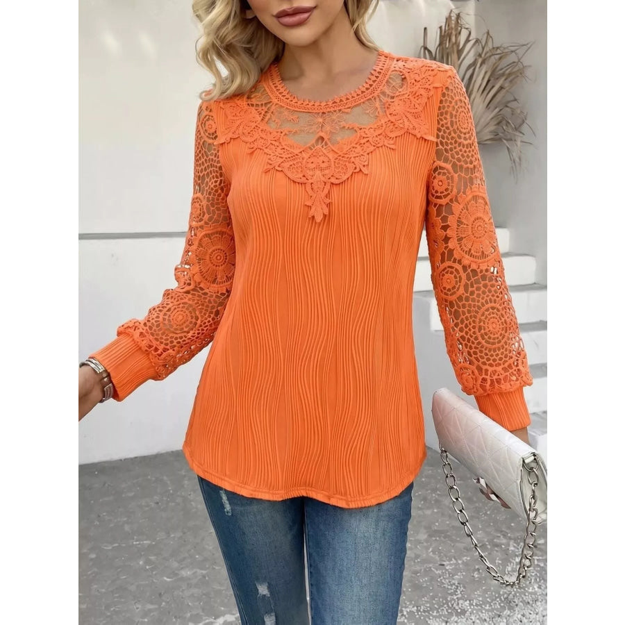 Lace Patchwork Long Sleeve Blouse Orange / S Apparel and Accessories