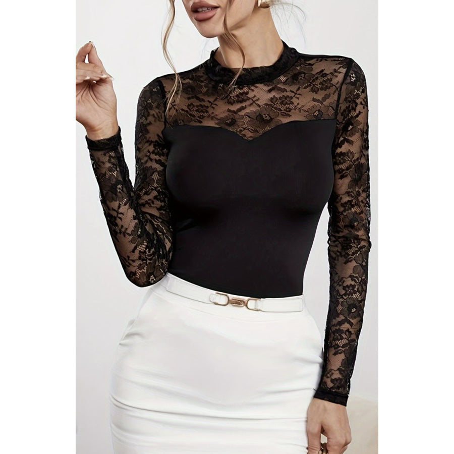 Lace Patchwork Mock Neck Long Sleeve Blouse Apparel and Accessories