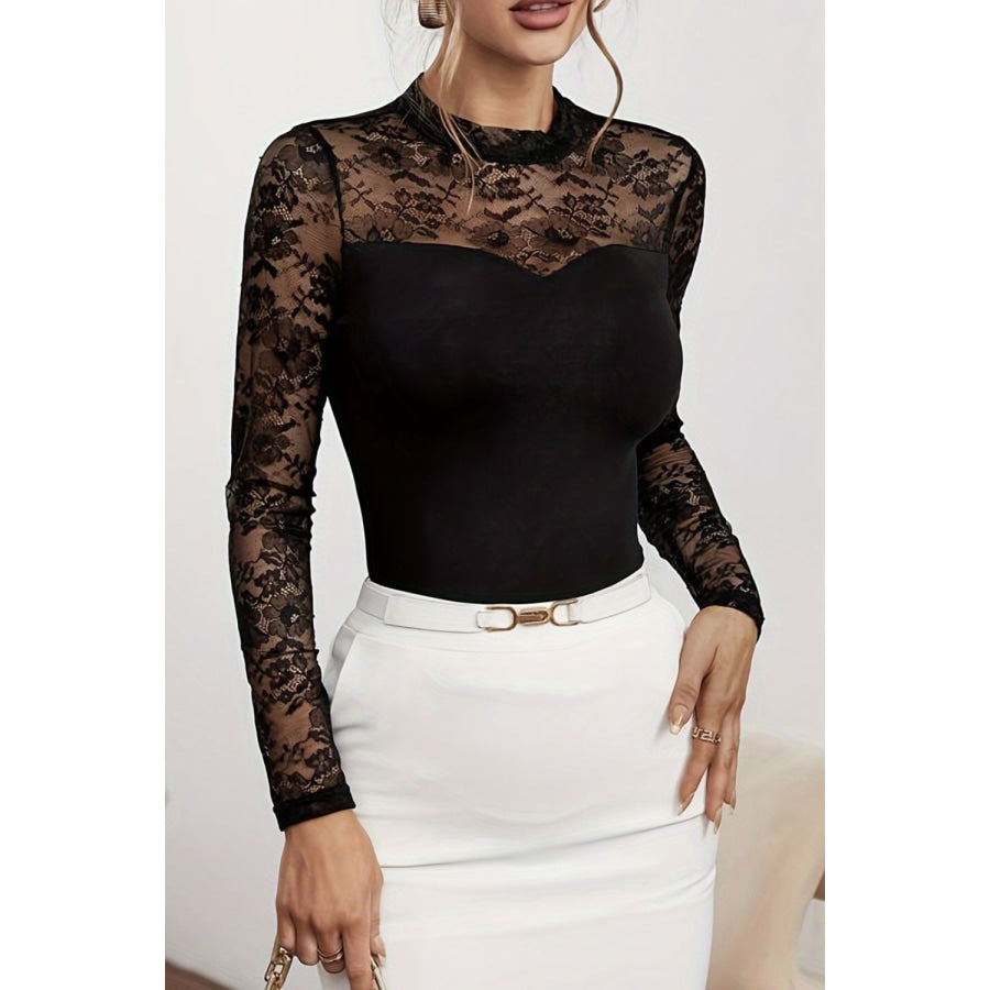 Lace Patchwork Mock Neck Long Sleeve Blouse Apparel and Accessories