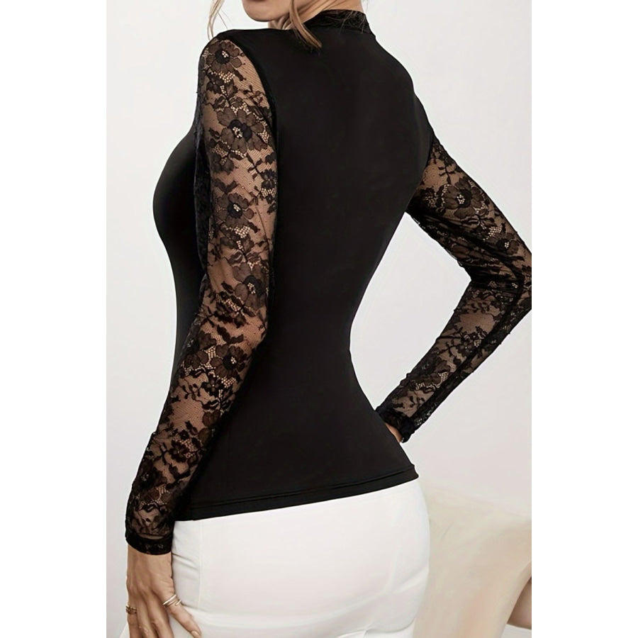 Lace Patchwork Mock Neck Long Sleeve Blouse Apparel and Accessories