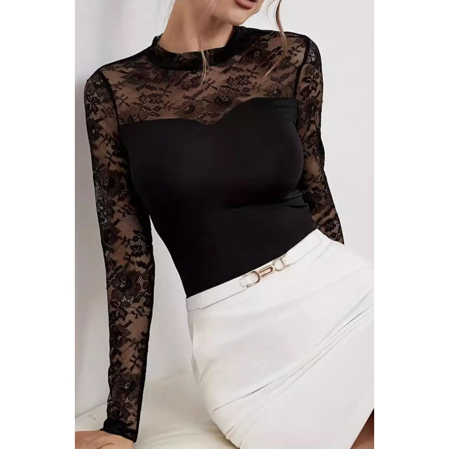 Lace Patchwork Mock Neck Long Sleeve Blouse Black / S Apparel and Accessories