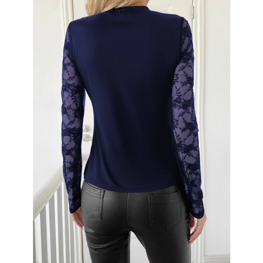 Lace Patchwork Mock Neck Long Sleeve Top Apparel and Accessories