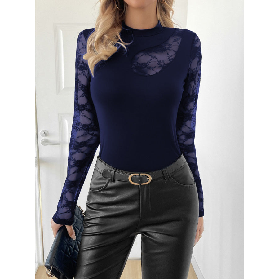 Lace Patchwork Mock Neck Long Sleeve Top Navy / S Apparel and Accessories