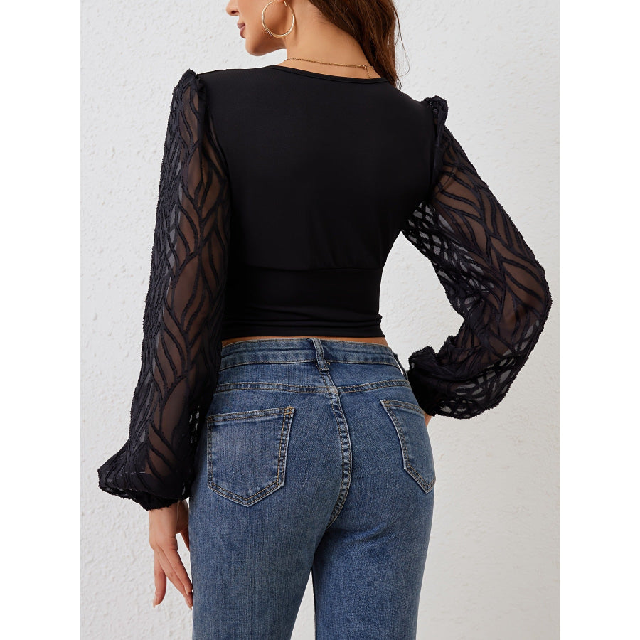 Lace Patchwork Plunge Long Sleeve Blouse Black / S Apparel and Accessories