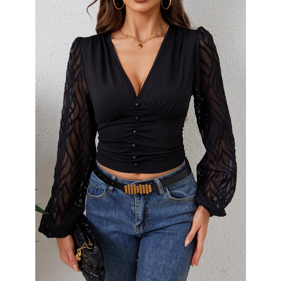 Lace Patchwork Plunge Long Sleeve Blouse Black / S Apparel and Accessories