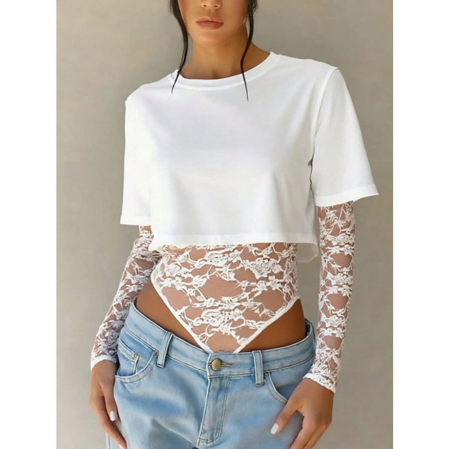 Lace Patchwork Round Neck Bodysuit Apparel and Accessories