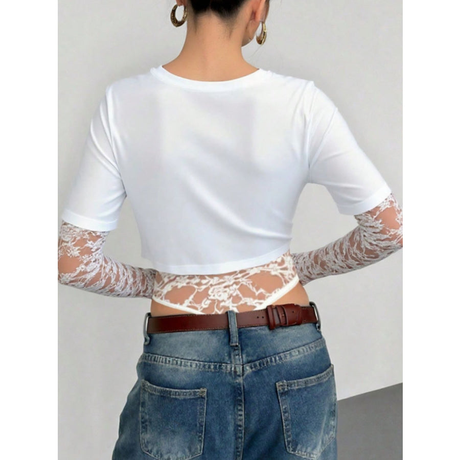 Lace Patchwork Round Neck Bodysuit Apparel and Accessories