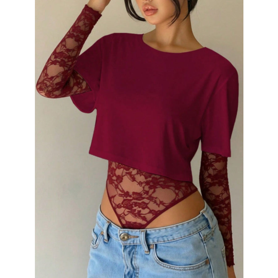 Lace Patchwork Round Neck Bodysuit Apparel and Accessories