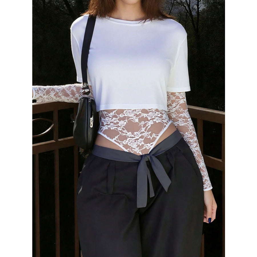 Lace Patchwork Round Neck Bodysuit Apparel and Accessories