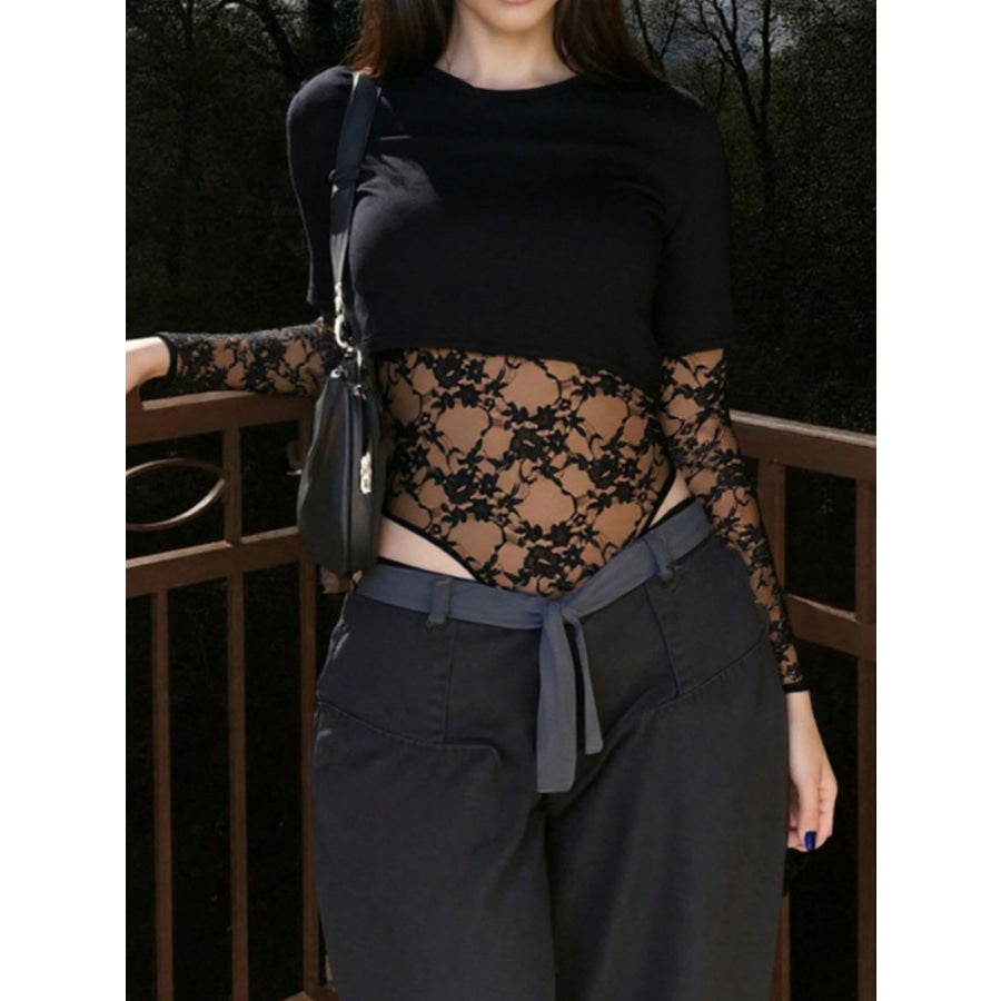 Lace Patchwork Round Neck Bodysuit Apparel and Accessories