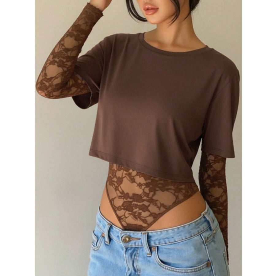 Lace Patchwork Round Neck Bodysuit Apparel and Accessories