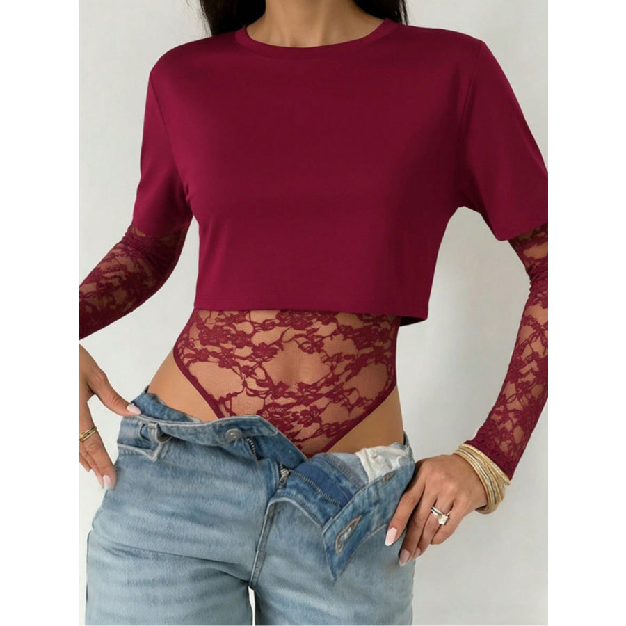 Lace Patchwork Round Neck Bodysuit Wine Red / S Apparel and Accessories