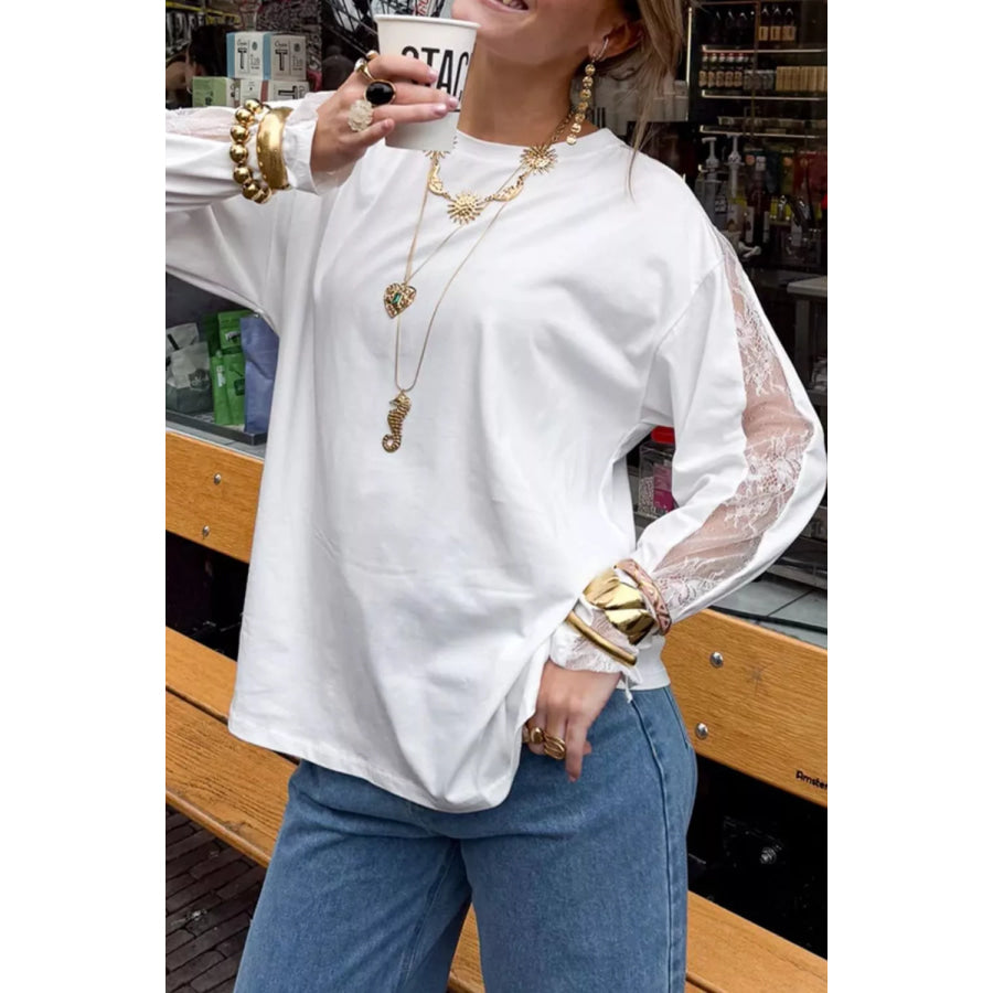 Lace Patchwork Round Neck Long Sleeve Top Apparel and Accessories
