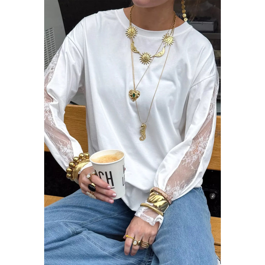 Lace Patchwork Round Neck Long Sleeve Top Apparel and Accessories