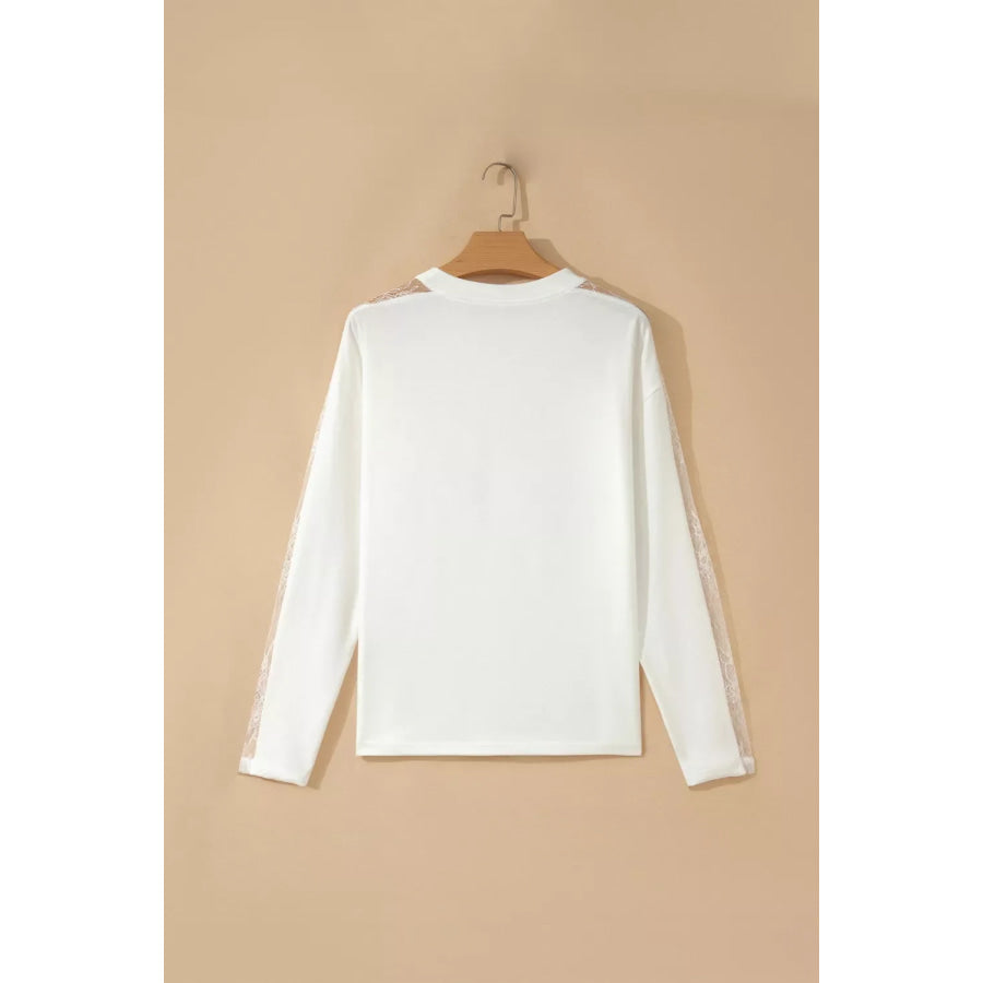 Lace Patchwork Round Neck Long Sleeve Top Apparel and Accessories