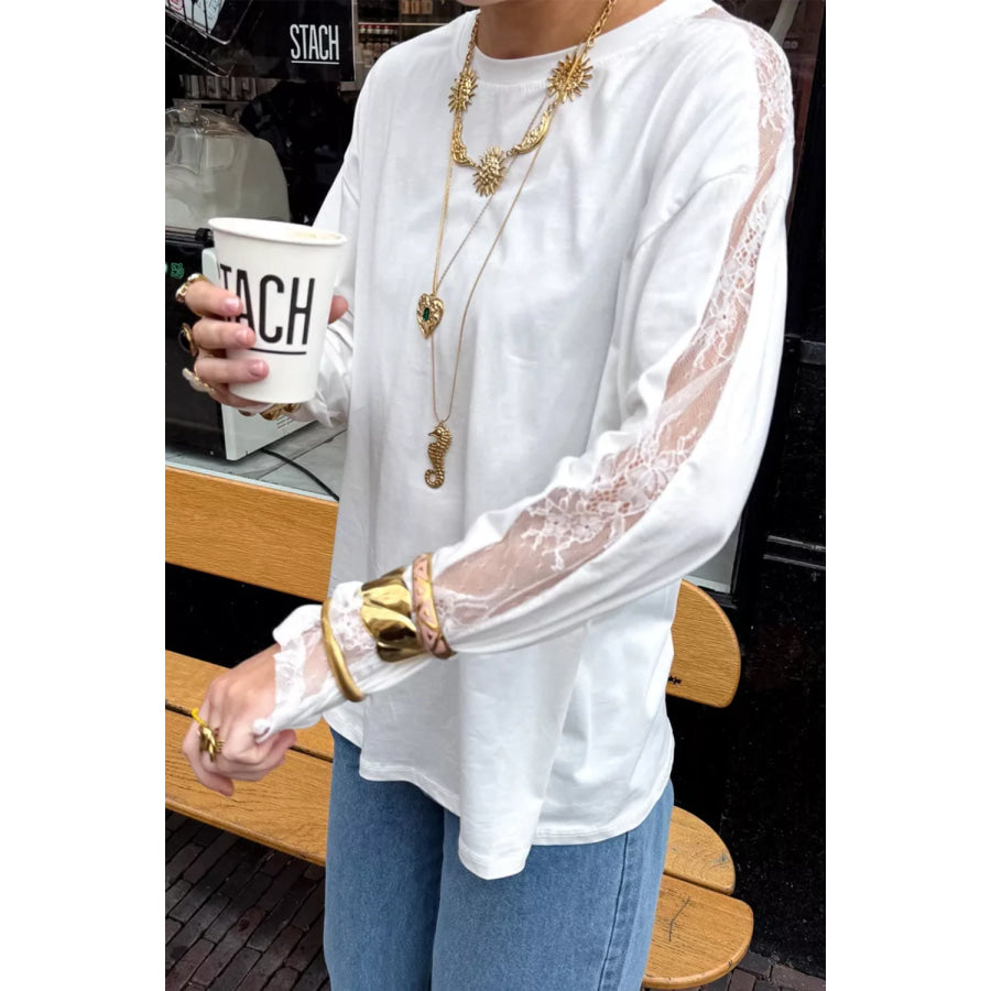Lace Patchwork Round Neck Long Sleeve Top Apparel and Accessories