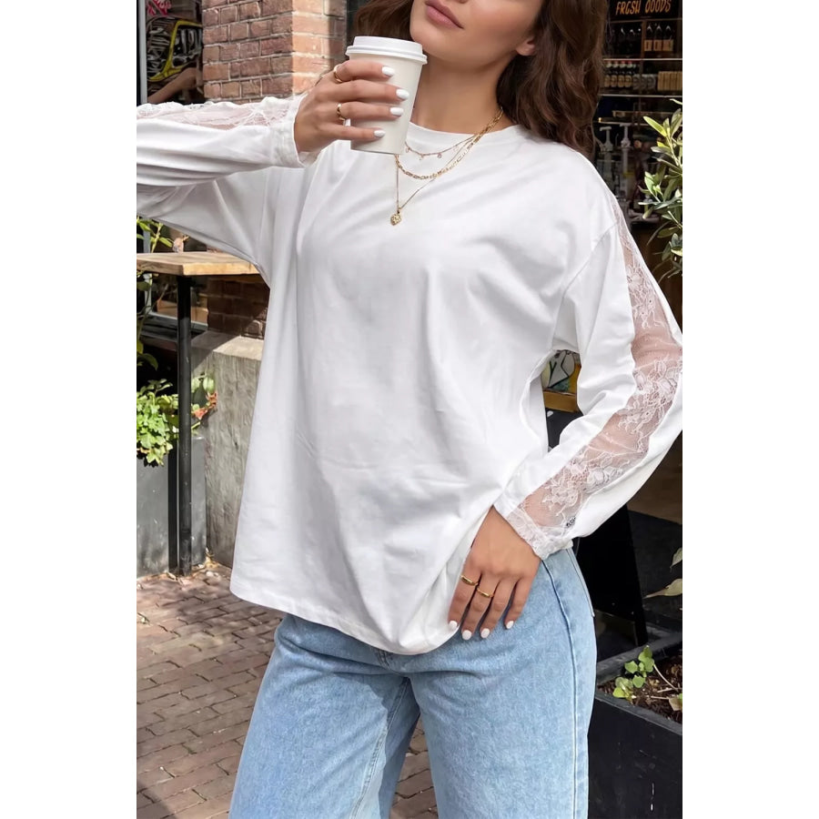Lace Patchwork Round Neck Long Sleeve Top Apparel and Accessories