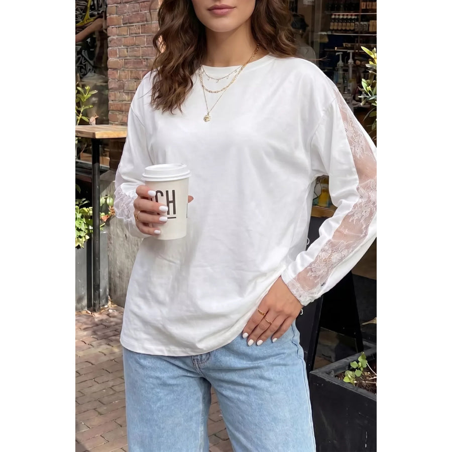 Lace Patchwork Round Neck Long Sleeve Top White / S Apparel and Accessories