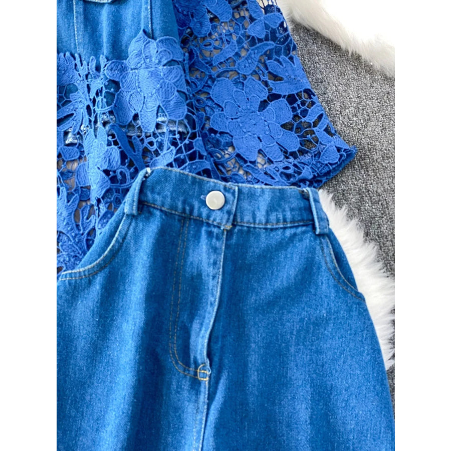 Lace Patchwork Shacket and Pants Set Apparel and Accessories