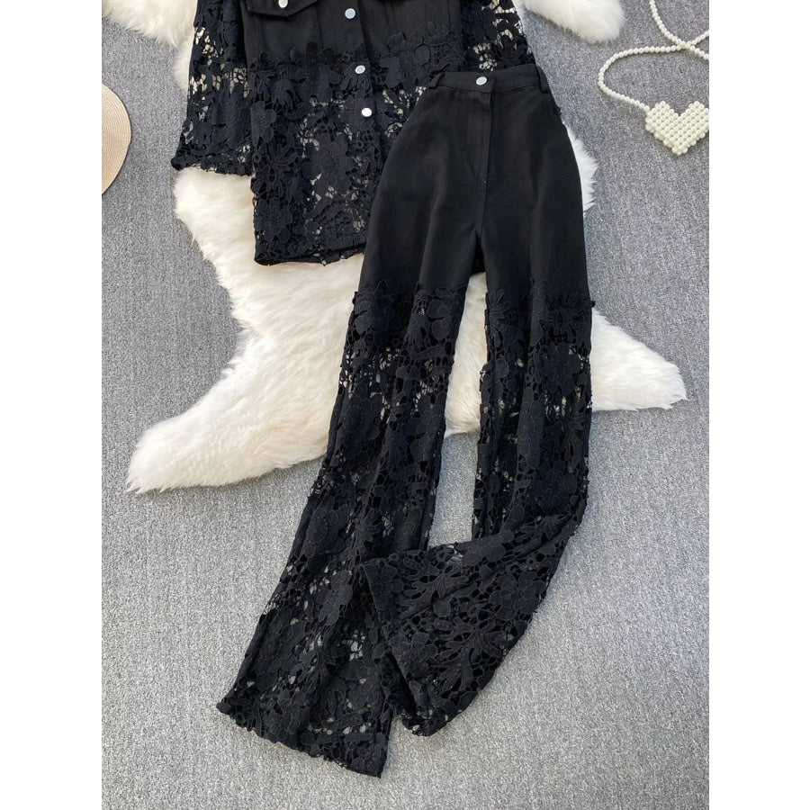 Lace Patchwork Shacket and Pants Set Black Two-piece Set / One Size Apparel and Accessories