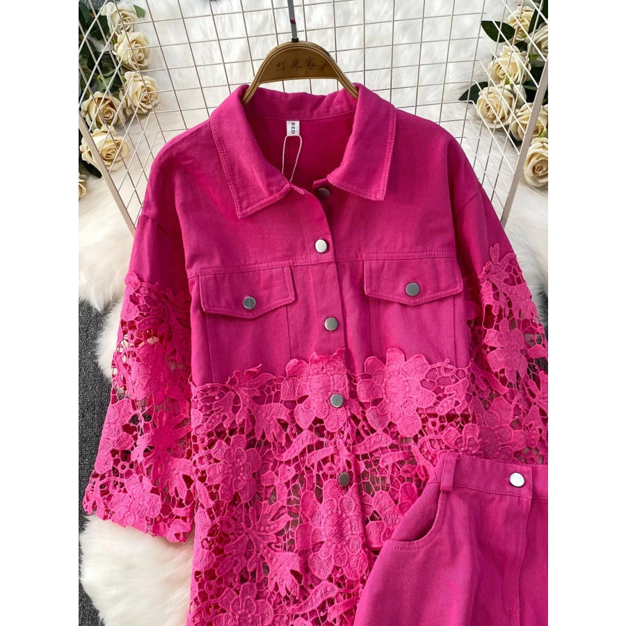 Lace Patchwork Shacket and Pants Set Apparel and Accessories