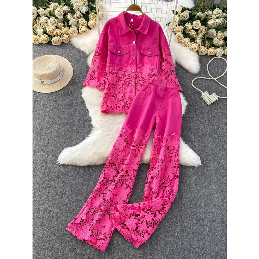 Lace Patchwork Shacket and Pants Set Apparel and Accessories