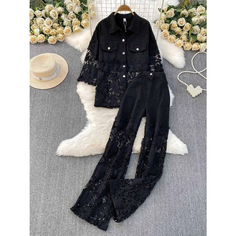 Lace Patchwork Shacket and Pants Set Black Two-piece Set / One Size Apparel and Accessories