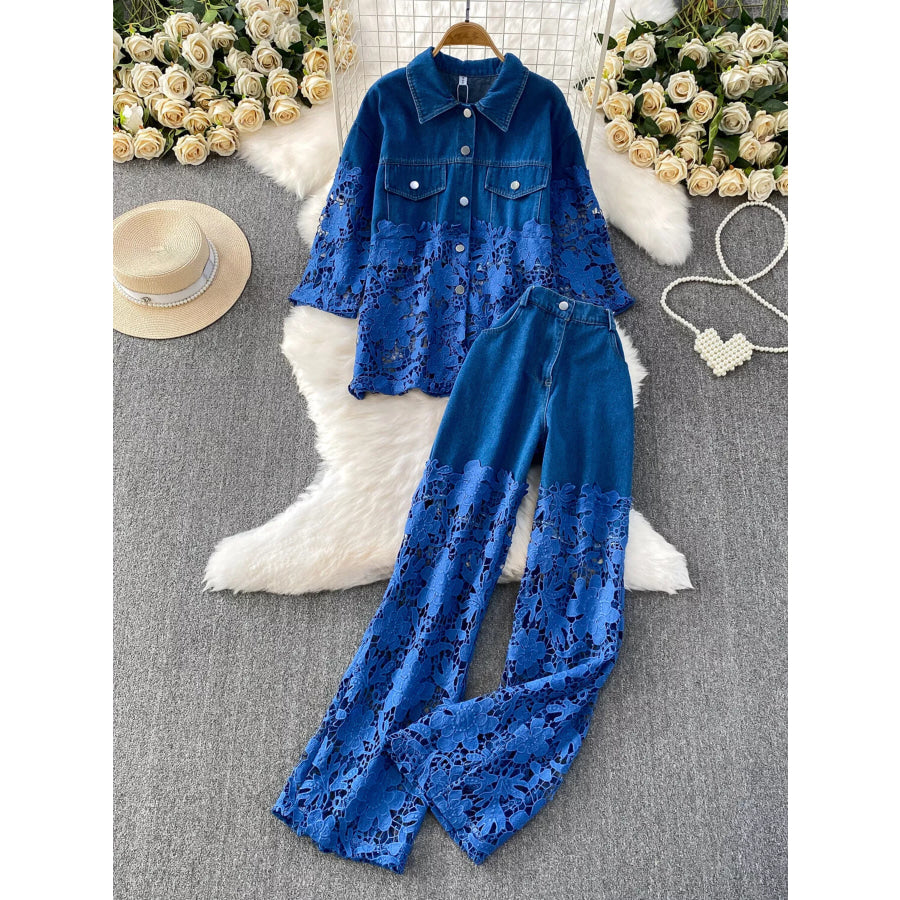 Lace Patchwork Shacket and Pants Set Blue Two-piece Set / One Size Apparel and Accessories
