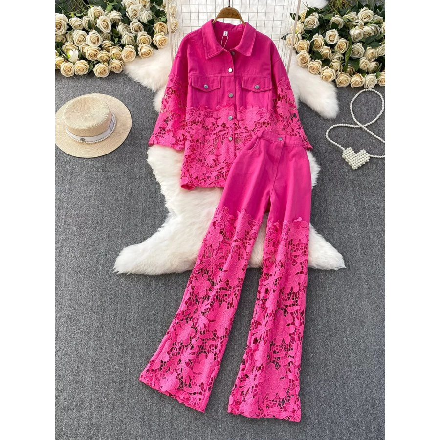 Lace Patchwork Shacket and Pants Set Rose Red Two-piece Set / One Size Apparel and Accessories