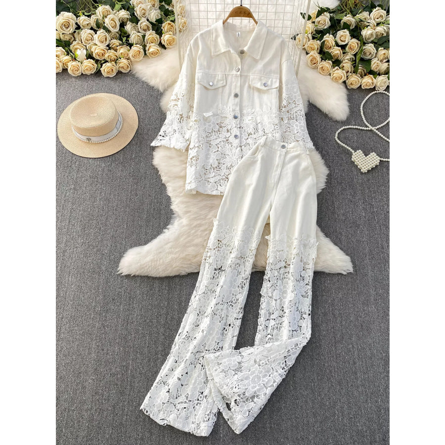 Lace Patchwork Shacket and Pants Set White Two-piece Set / One Size Apparel and Accessories