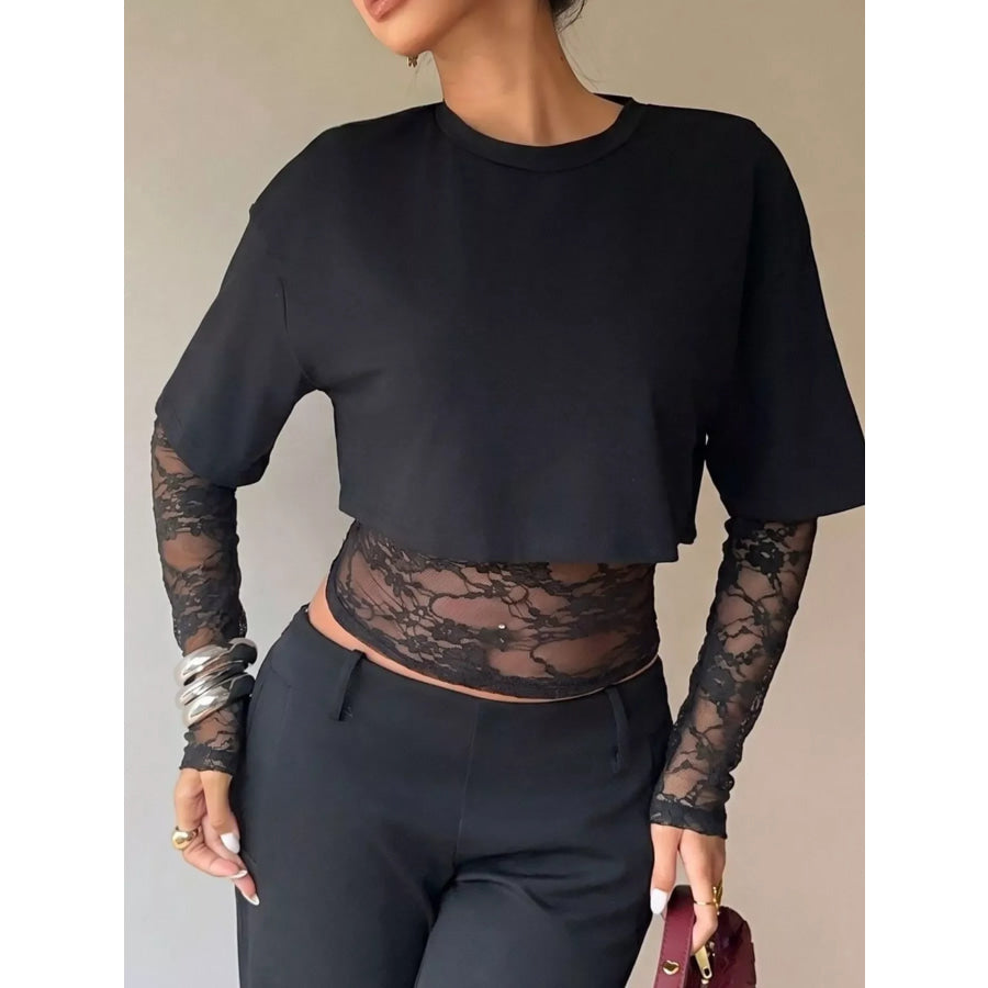 Lace Patchwork Short Sleeve T-Shirt Apparel and Accessories