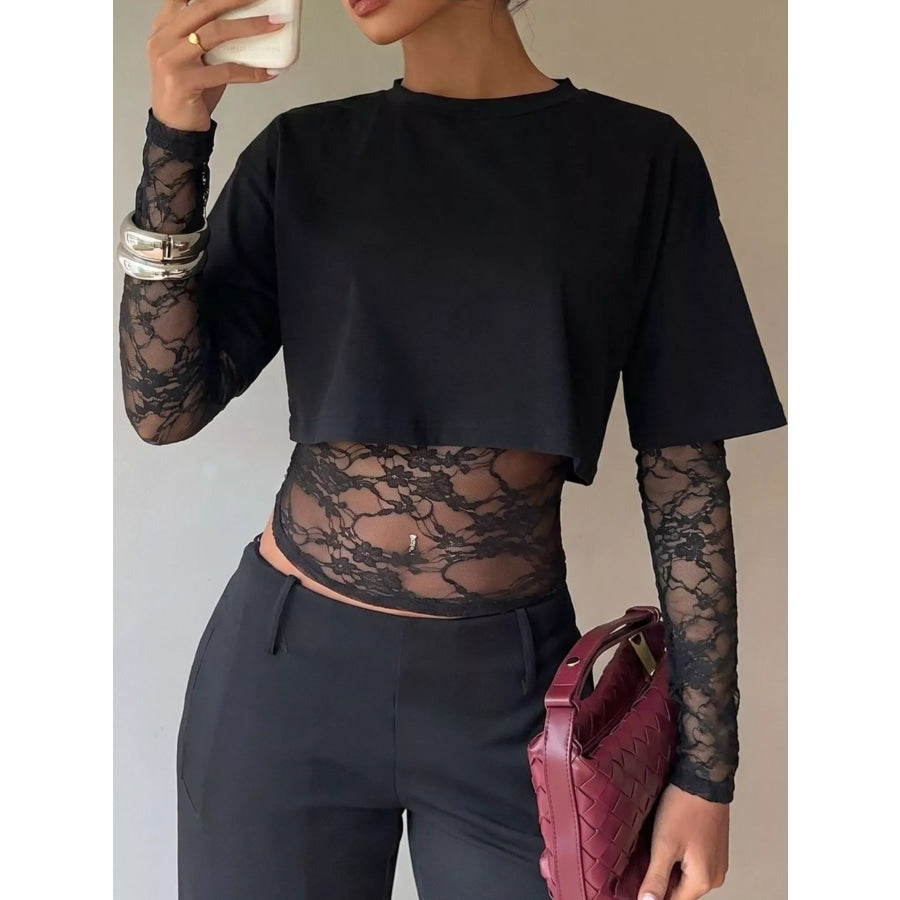 Lace Patchwork Short Sleeve T-Shirt Black / S Apparel and Accessories