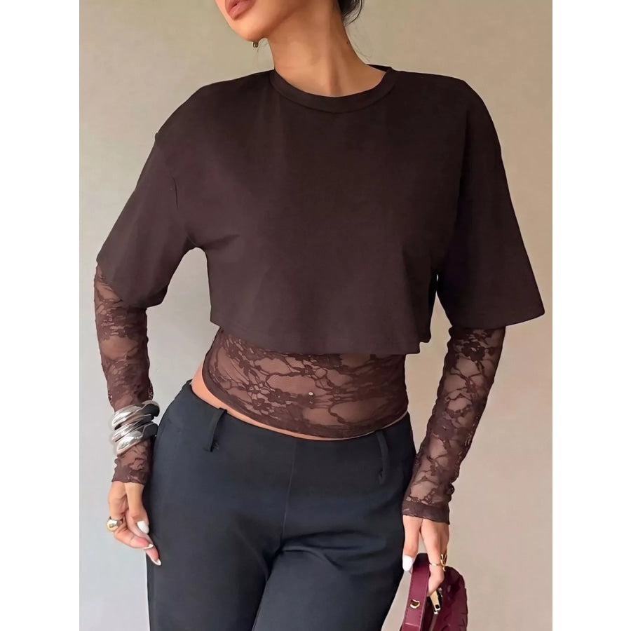 Lace Patchwork Short Sleeve T-Shirt Brown / S Apparel and Accessories