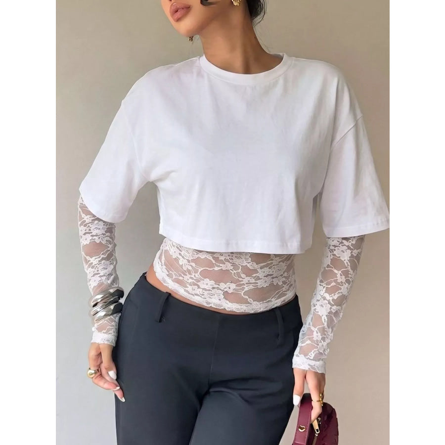 Lace Patchwork Short Sleeve T-Shirt White / S Apparel and Accessories