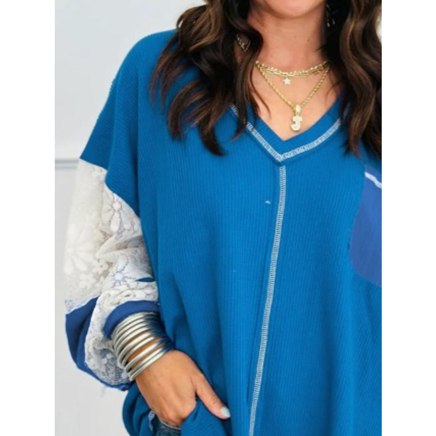 Lace Patchwork Sleeve Stitching V Neck Top Apparel and Accessories