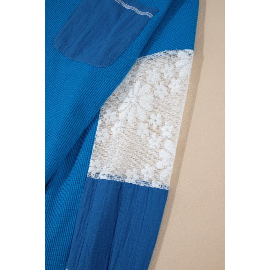 Lace Patchwork Sleeve Stitching V Neck Top Apparel and Accessories